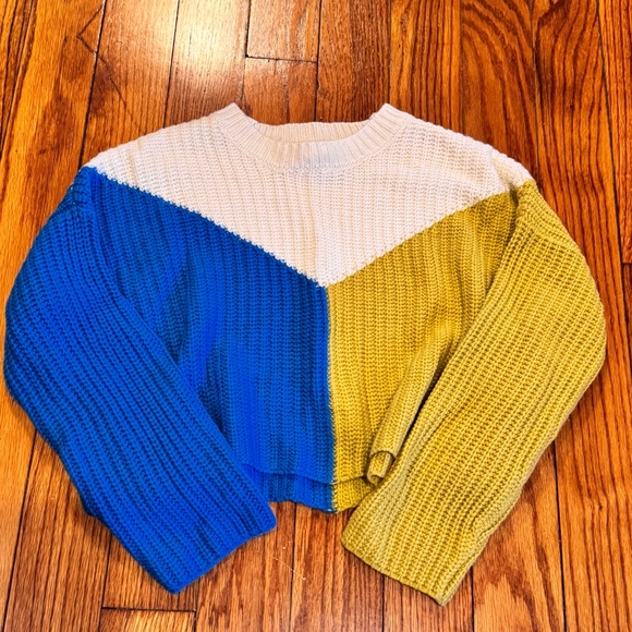 Sincerely Jules Colorblock Cropped Sweater Blue Yellow White - Picture 3 of 5